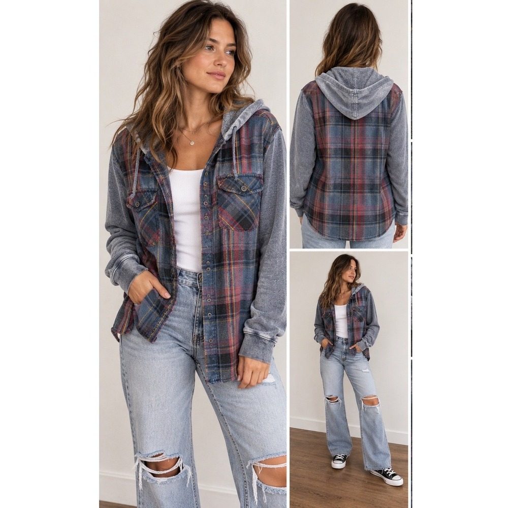 LA Hearts Hooded Flannel Shirt Womens L Grunge Skater Plaid Mixed Media Hoodie